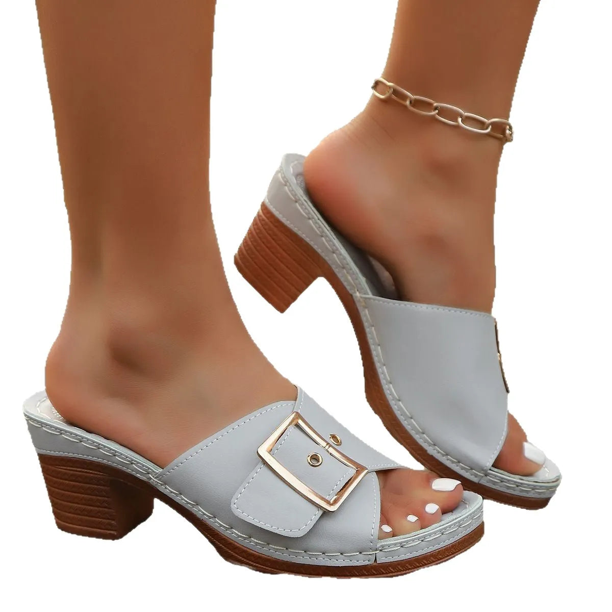 Women's black chunky heel beach slippers with metal buckle detail on round toe design