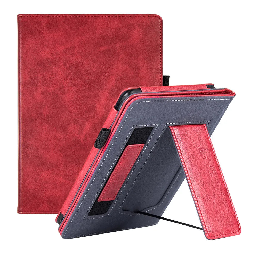 Kindle Paperwhite leather case with wrist splint bracket attached, showing calf leather exterior and microfiber interior