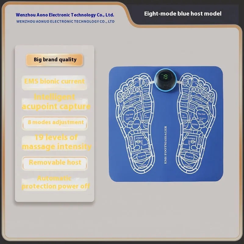 Blue electronic foot massager mat with remote control and USB charging cable