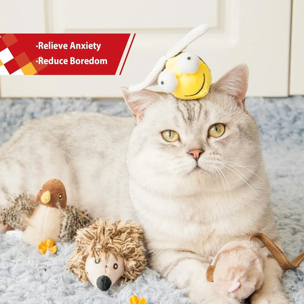Yellow flannelette bee-shaped electronic cat toy with motion-activated squeaking functionality