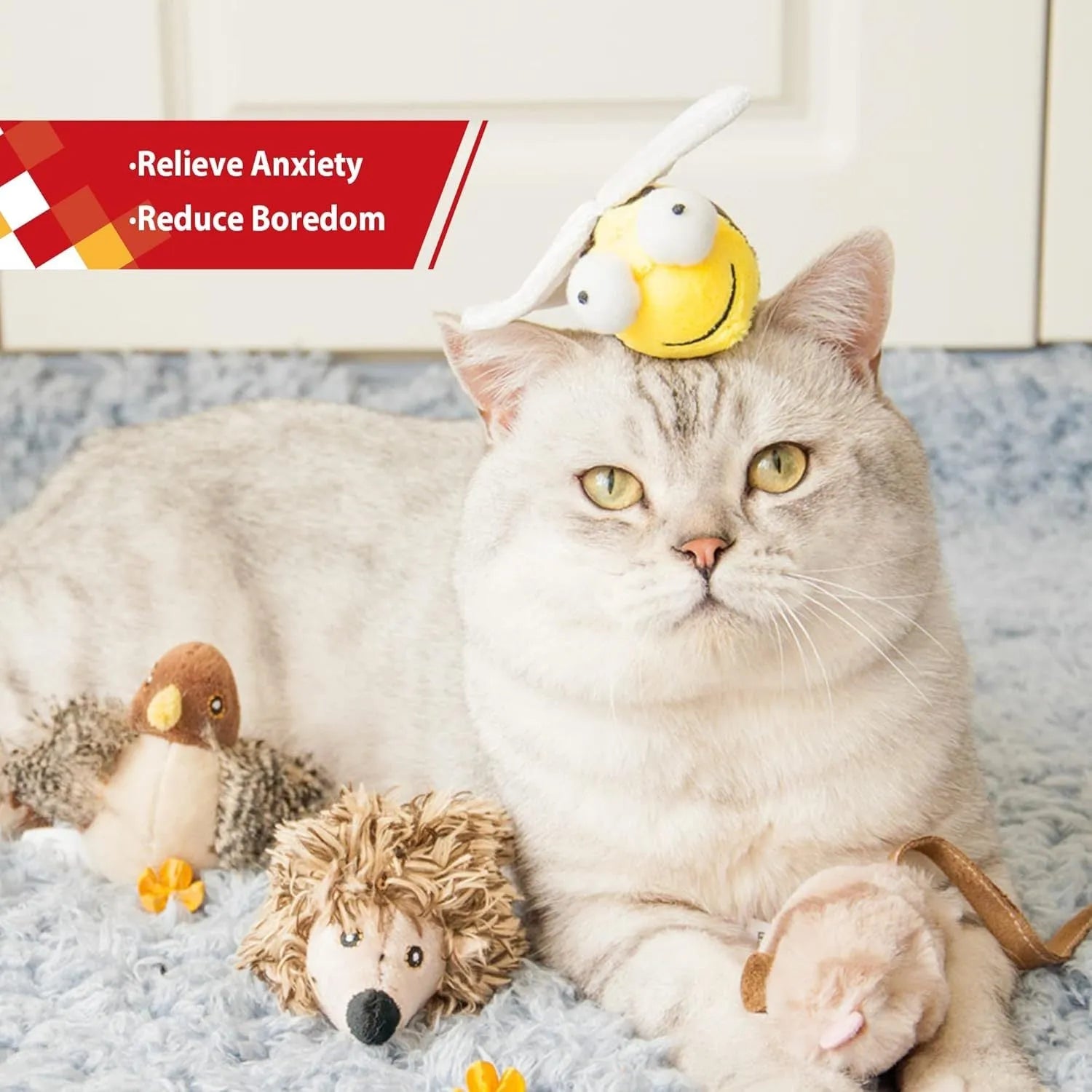 Yellow flannelette bee-shaped electronic cat toy with motion-activated squeaking functionality