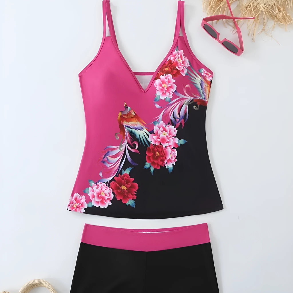 Women's plus size swimsuit briefs in printed black or rose red colours with polyester fabric
