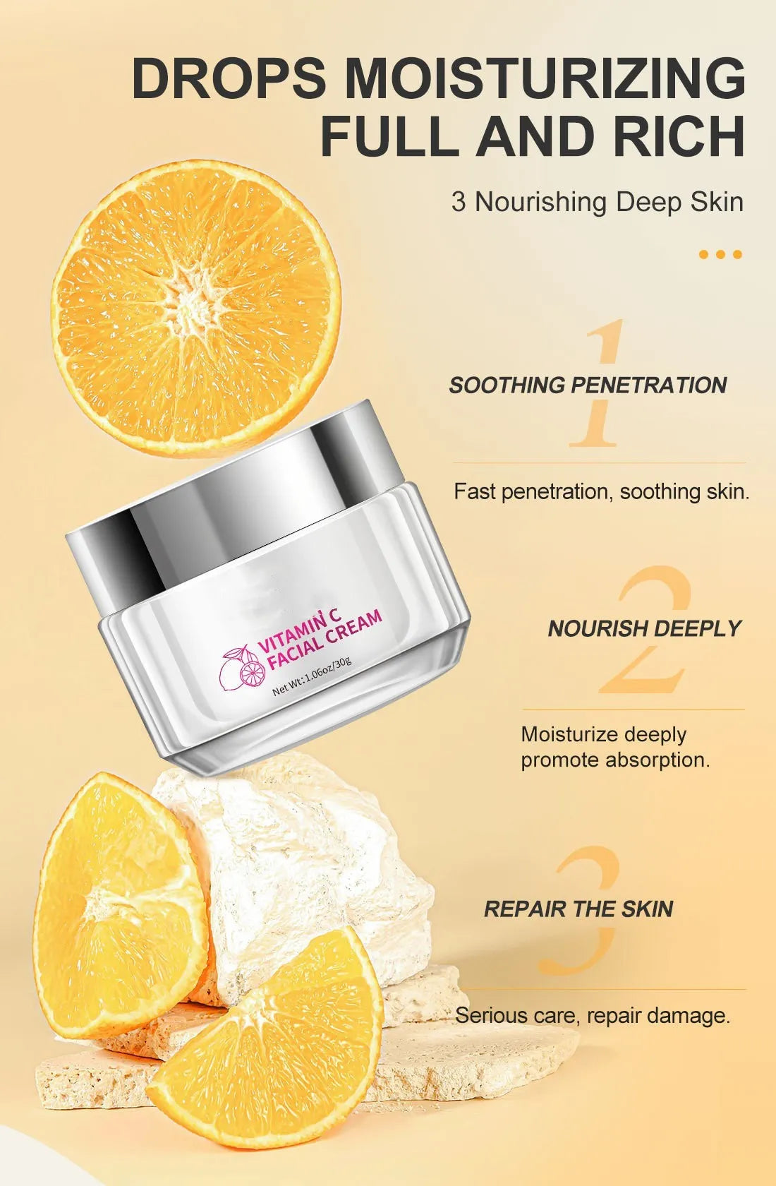 Vitamin C face cream in 30g white jar with product dimensions 6x6x5.2cm