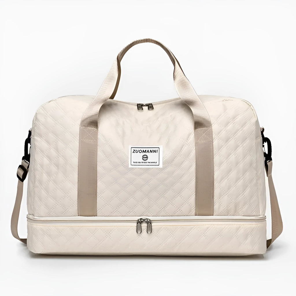 Large Oxford cloth travel holdall for prams in khaki colour with sewing thread detail
