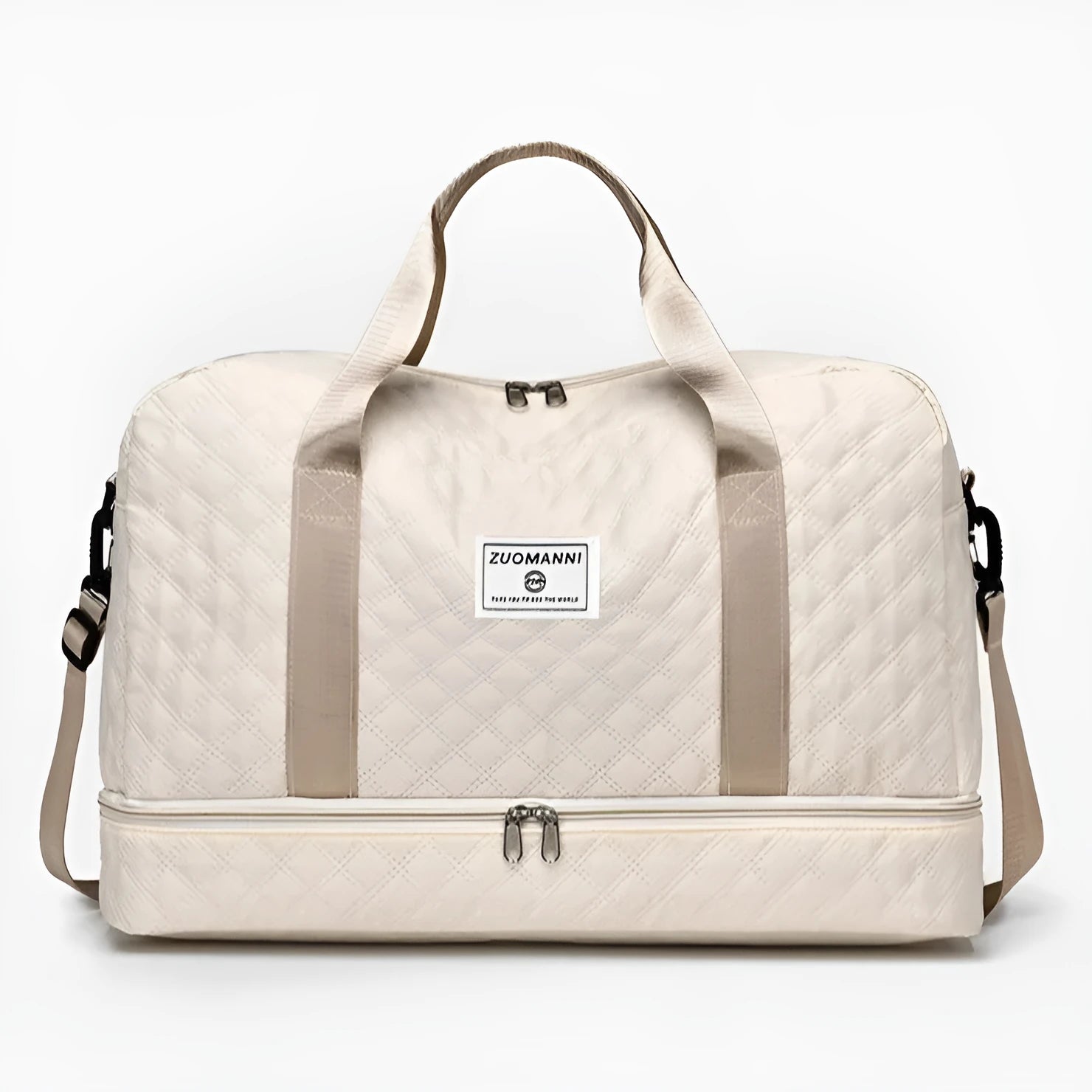 Large Oxford cloth travel holdall for prams in khaki colour with sewing thread detail
