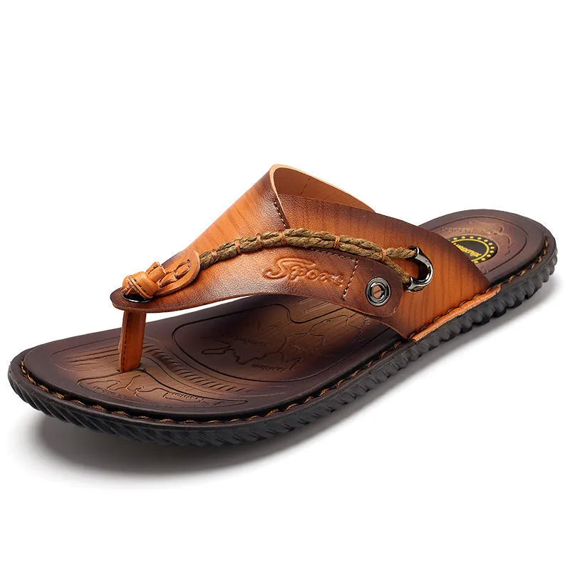 Men's casual non-slip slippers in blue with PU leather uppers, shown on a foot.