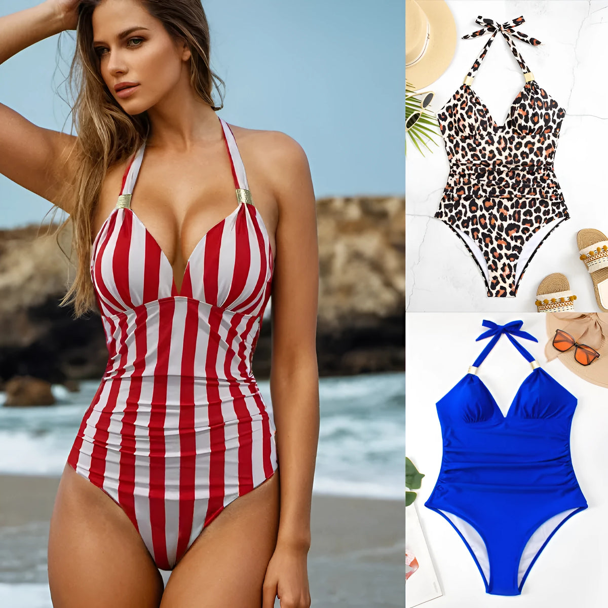 Women's quick-drying swimwear in blue, black, leopard print, and red/white stripe options