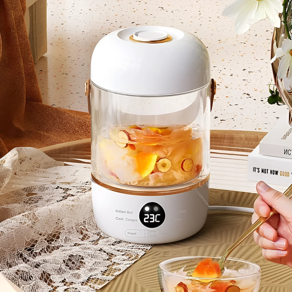 Compact white electric stew cooker with glass pot and digital display, shown with spoon.