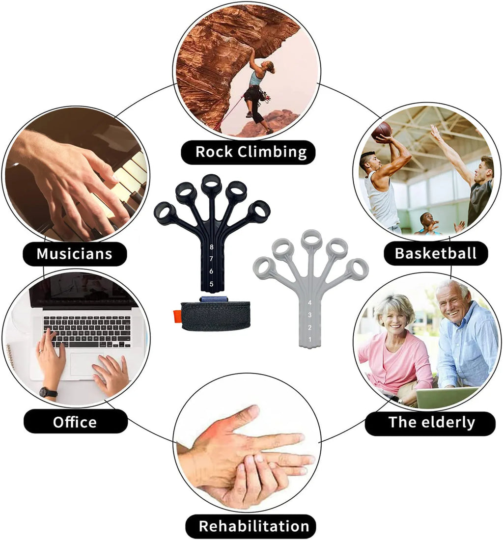 Silicone finger flexion and extension rehabilitation trainer with adjusting belt in black or grey.