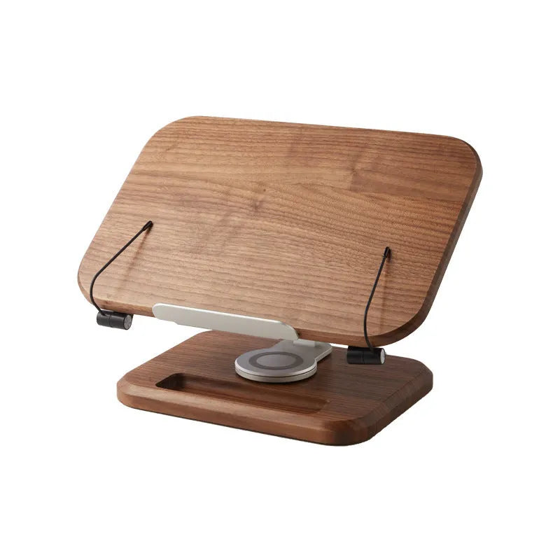 Solid wood reading rack in walnut colour with adjustable rotating mechanism holding a book