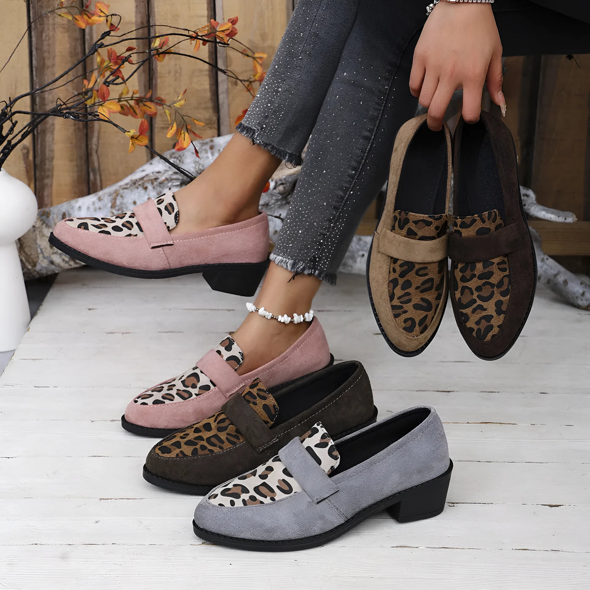 Leopard print suede slip-on shoe with a chunky mid-heel and pointed toe in pink