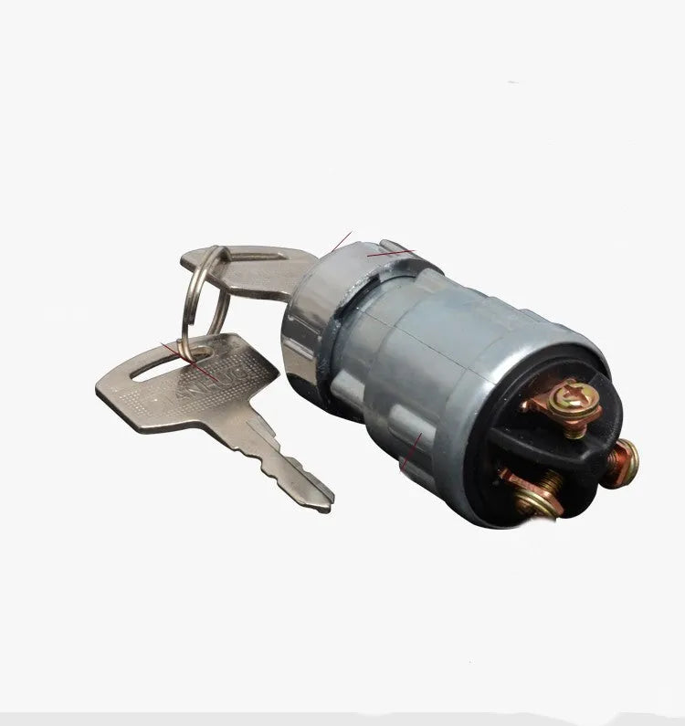 Copper ignition switch with key for trucks and forklifts, showing colour-coded key options