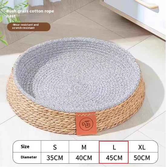 Natural woven rattan cat bed with a soft cushion inside, shown in a neutral home setting.