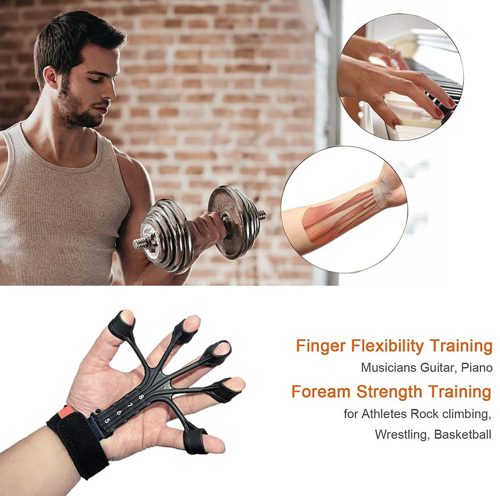 Silicone finger flexion and extension rehabilitation trainer with adjusting belt in black or grey.