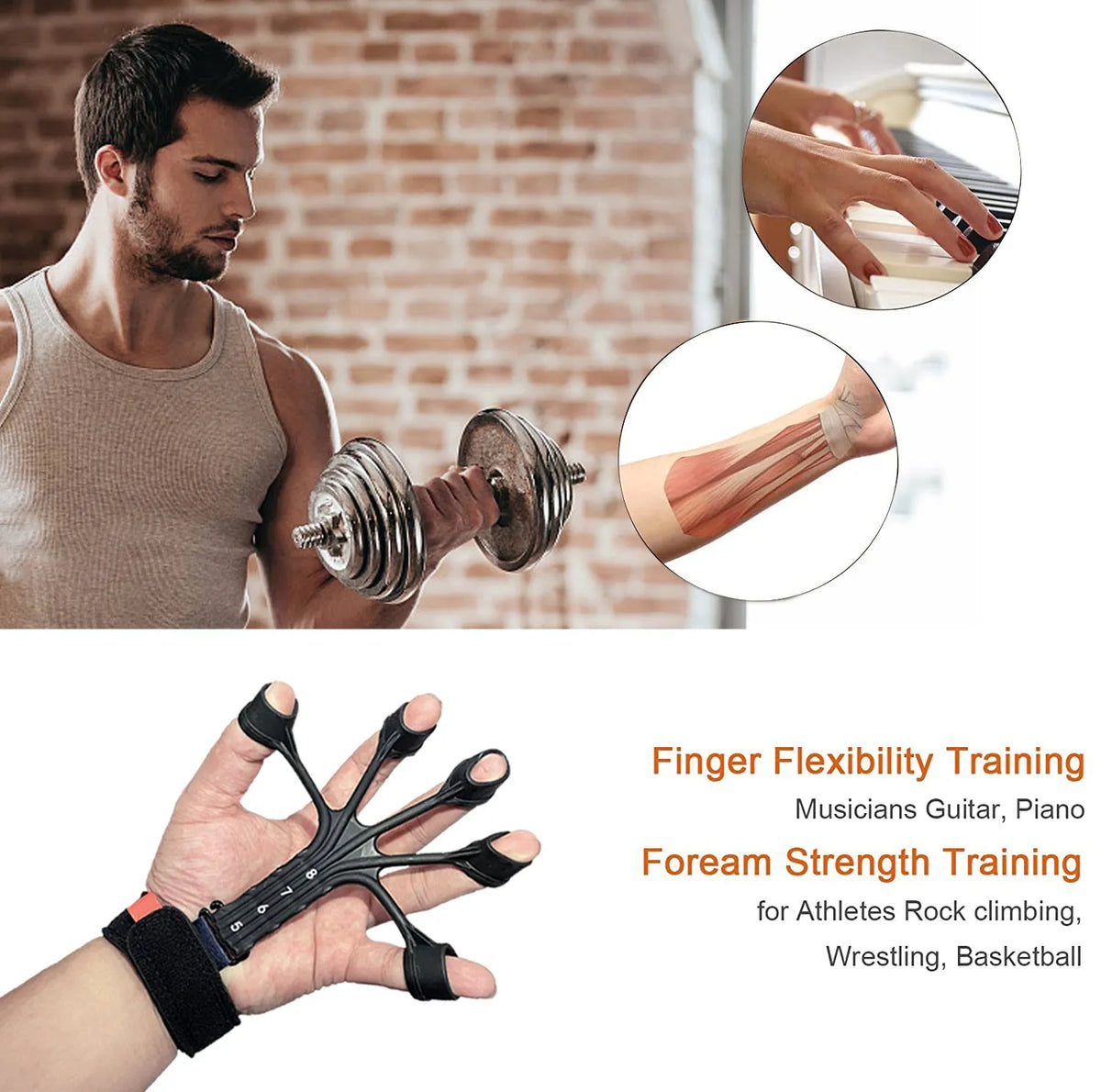 Silicone finger flexion and extension rehabilitation trainer with adjusting belt in black or grey.