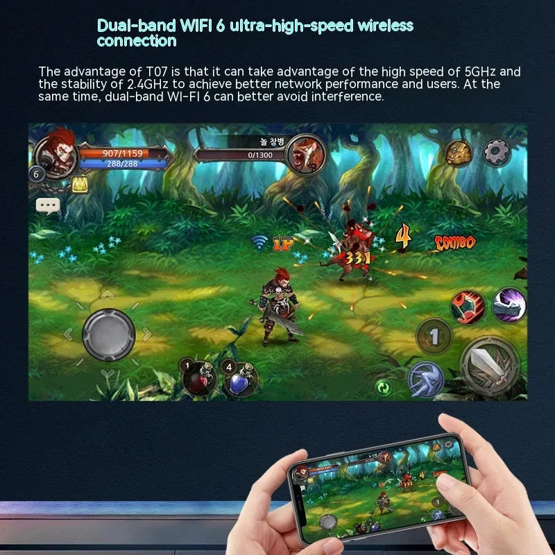 White T07 Full HD smart projector with remote control on a wooden table.