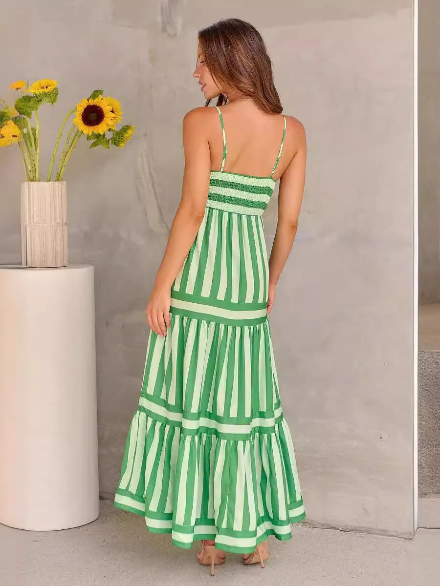 Long striped backless square neck summer dress with side pockets shown in multiple colour options.