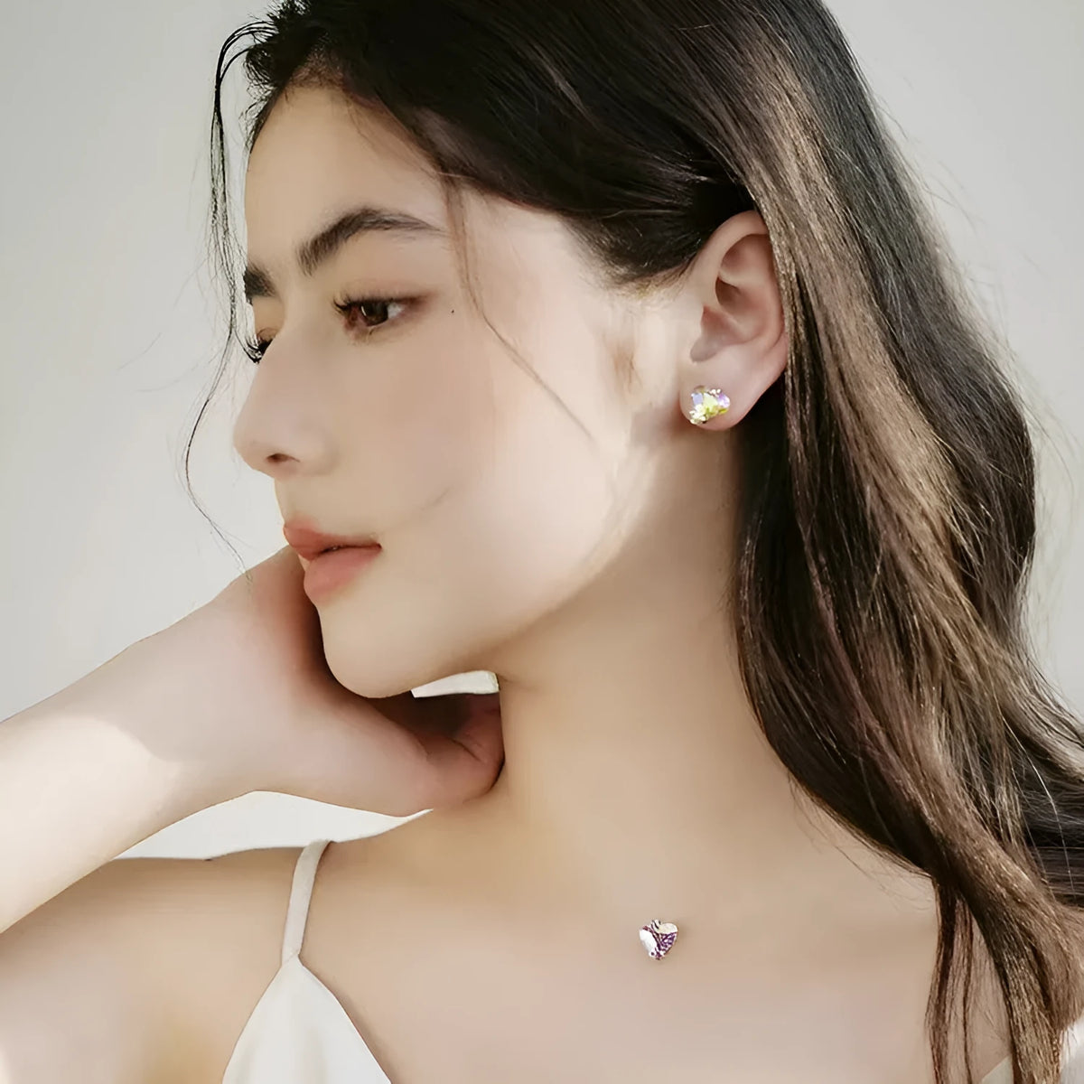 Heart-shaped copper stud earrings and necklace set in yellow or gradient pink purple electroplated finish