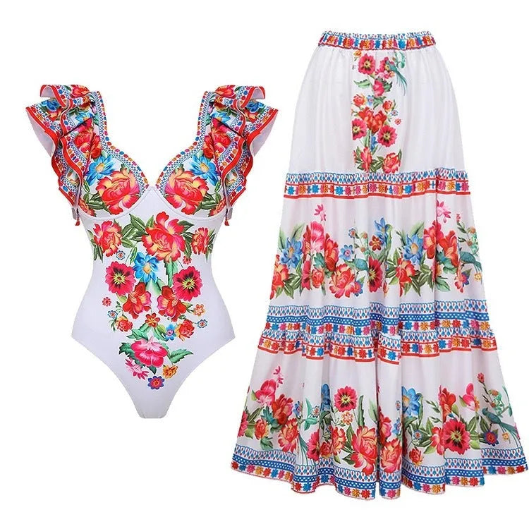 Women's printed one-piece swimsuit in a blue skirt design, made from polyester fabric.