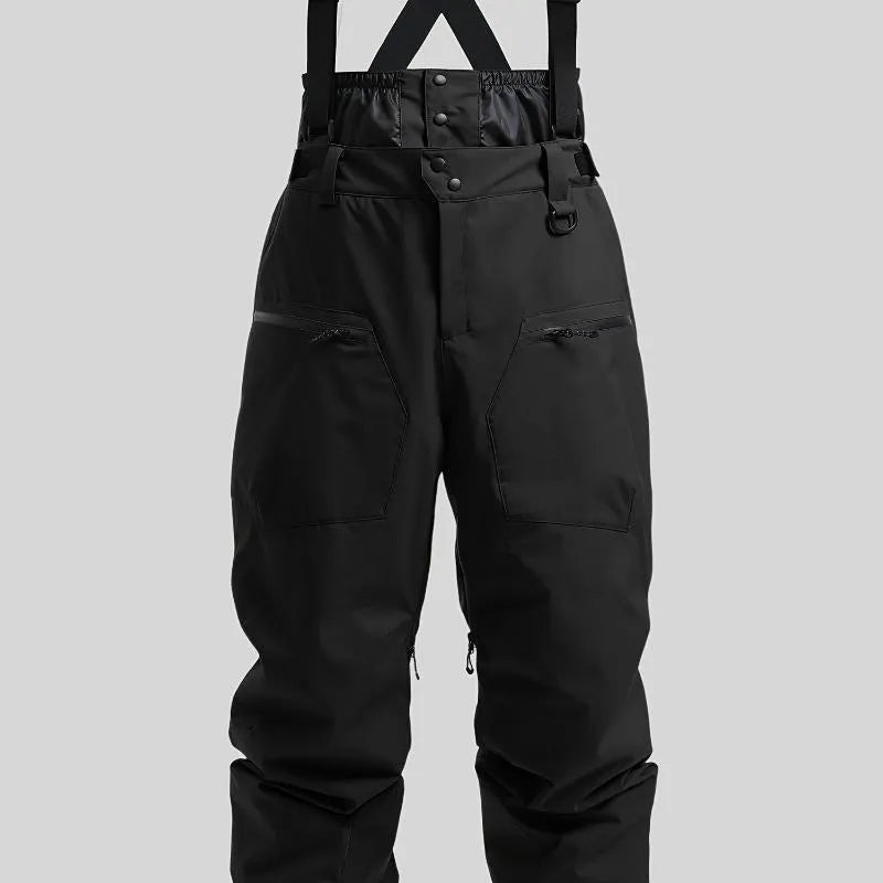 Men's adjustable strap waterproof ski trousers in black, brown, khaki, and navy blue colours.