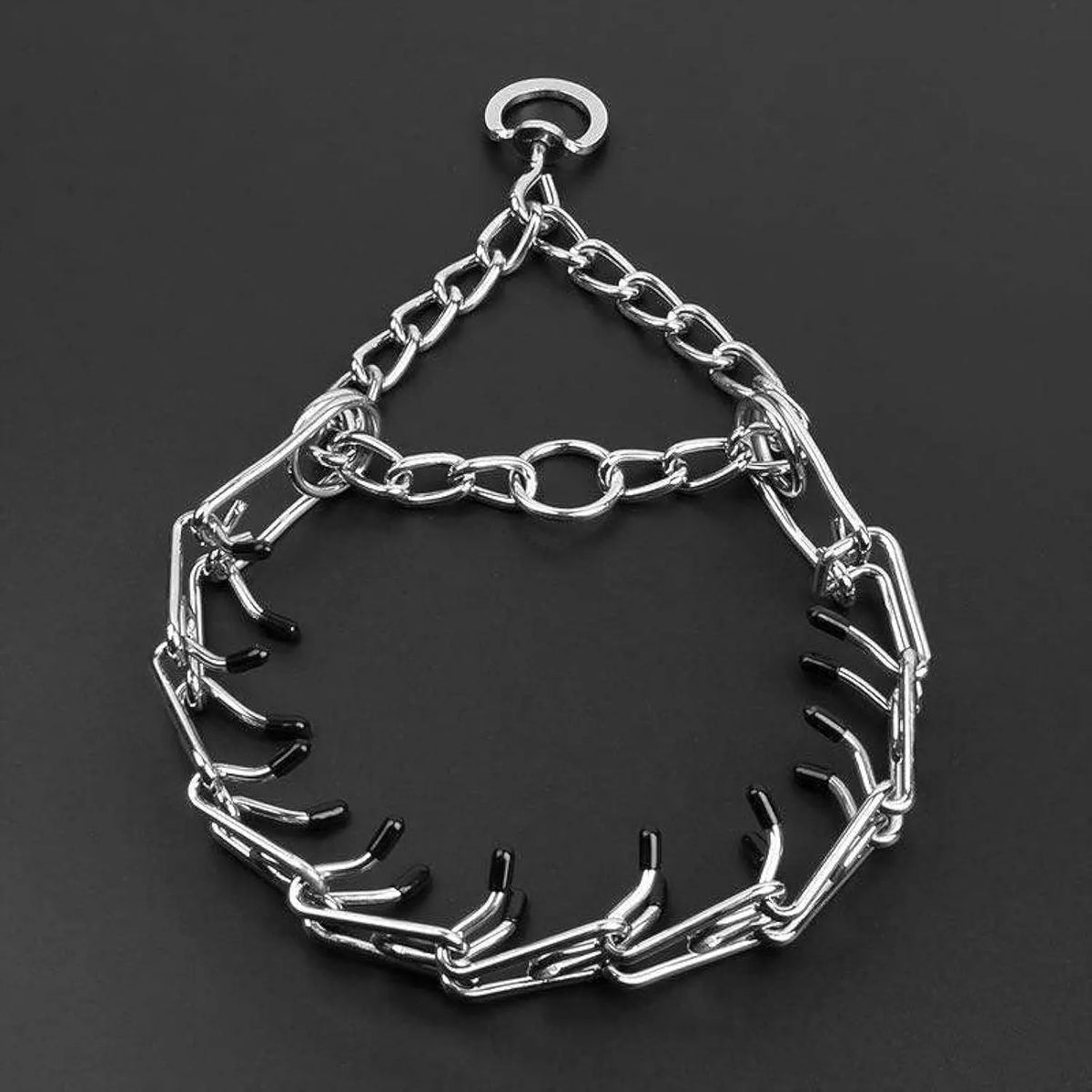 Stainless steel dog training collar with round links and comfort rubber tips