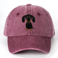 Retro washed blue cotton baseball cap with a white Dachshund dog print on the front.