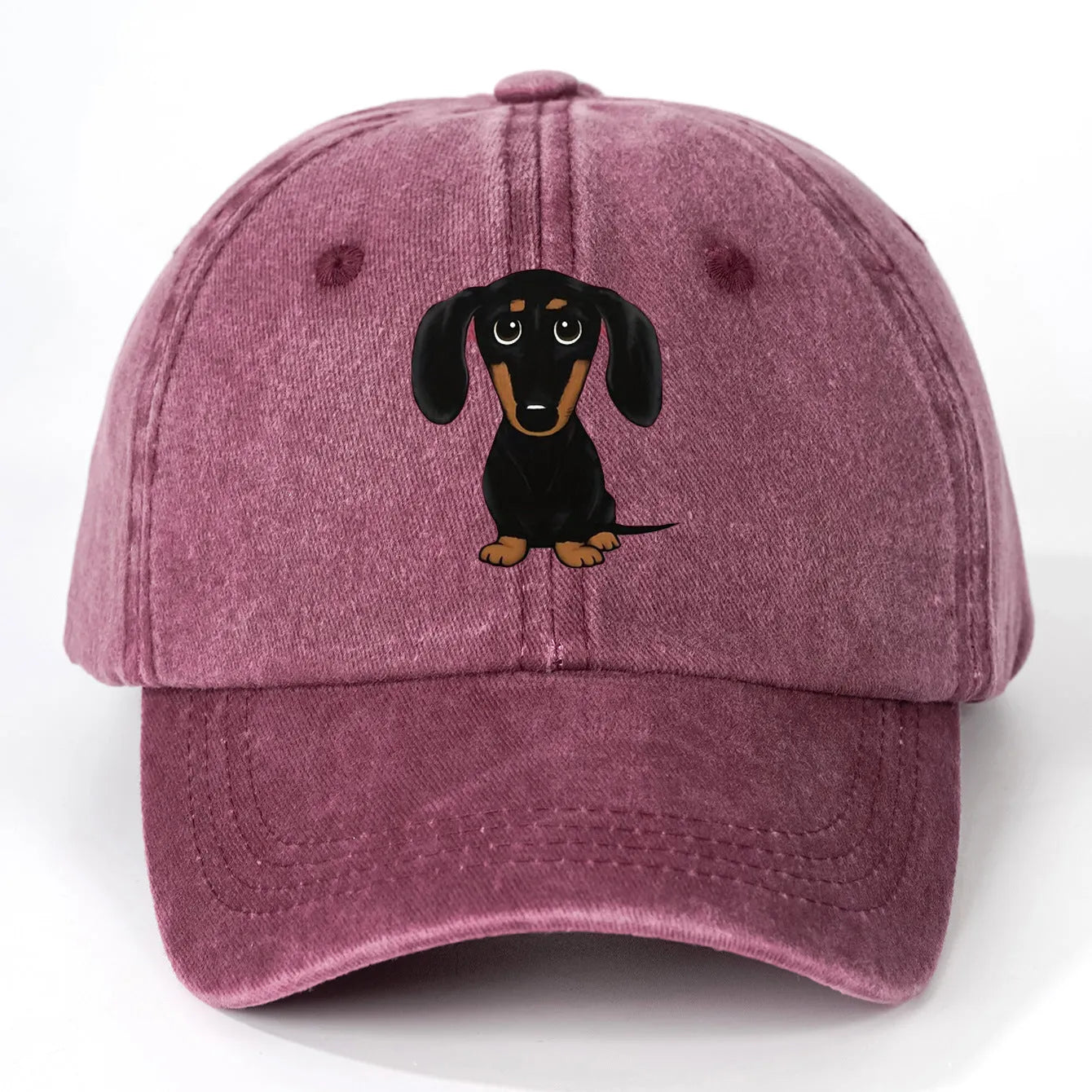Retro washed blue cotton baseball cap with a white Dachshund dog print on the front.