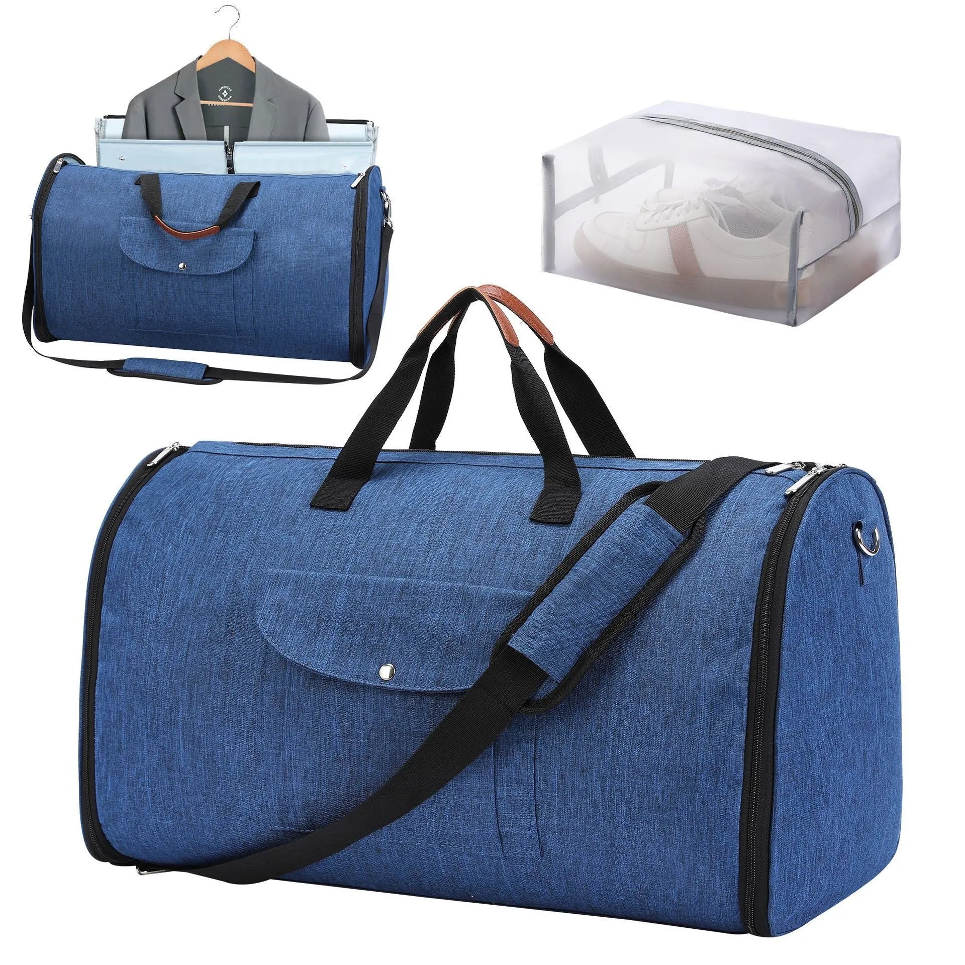 Dark blue folding Oxford cloth duffel bag with 36-55L capacity for travel and gym use