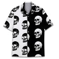 Men's light blue and white digital print Hawaiian shirt with a Cuban collar laid flat.