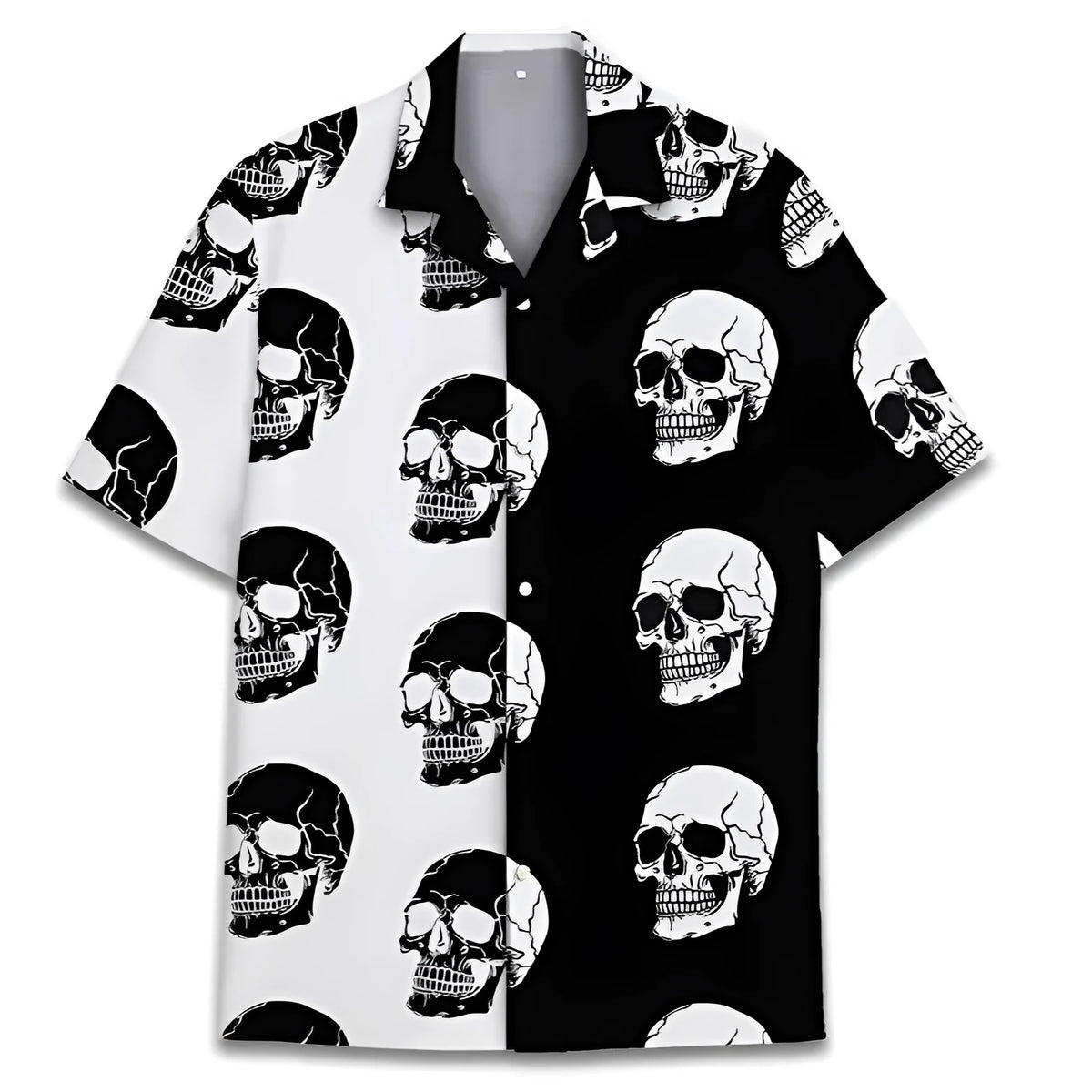 Men's light blue and white digital print Hawaiian shirt with a Cuban collar laid flat.