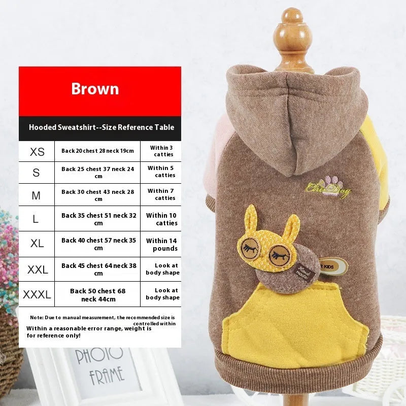 Cotton pet sweatshirt dog clothing in brown, available in sizes XS to 2XL