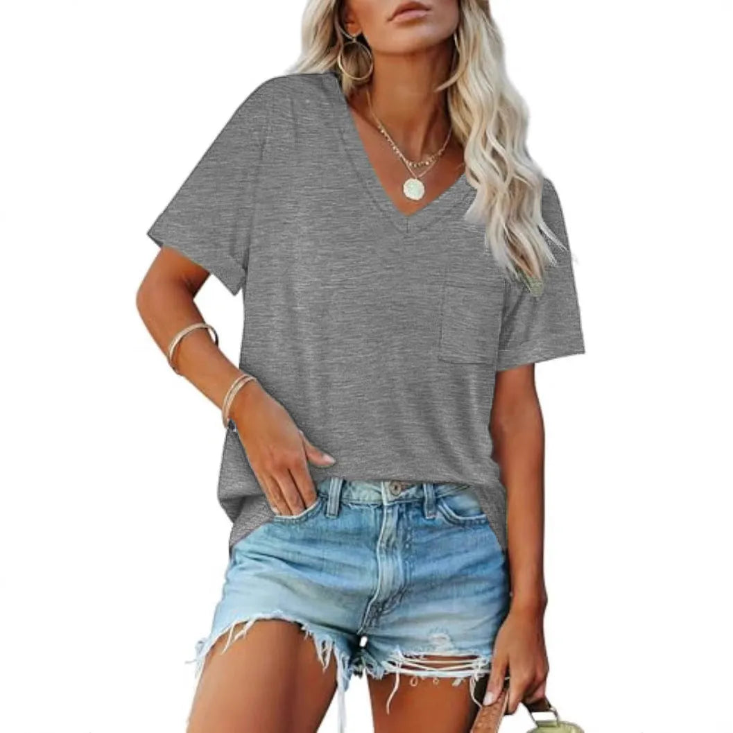 Grey men's loose V-neck t-shirt with a chest pocket on a solid background.