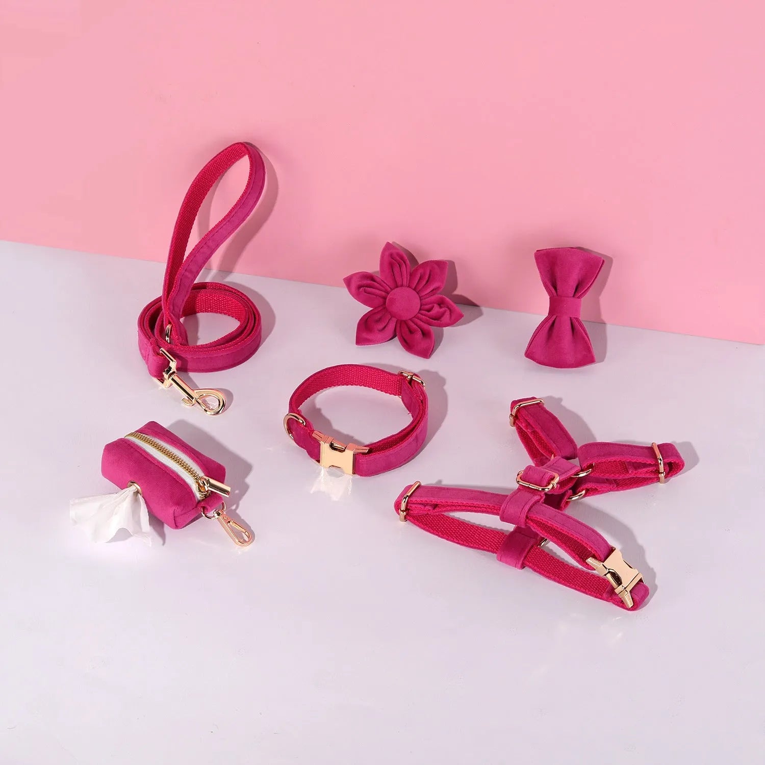 Classic soft velvet dog collar and matching traction rope set with chest strap, bow tie, and accessories in multiple colour options