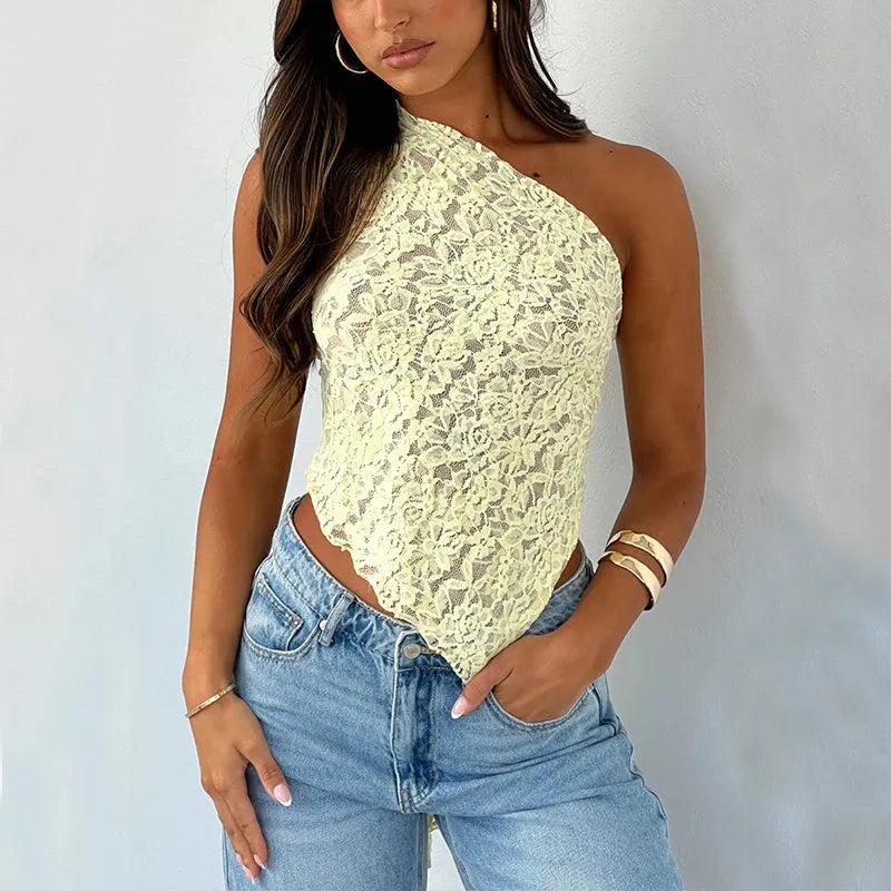 Women's lace backless top with asymmetrical neckline in solid colour