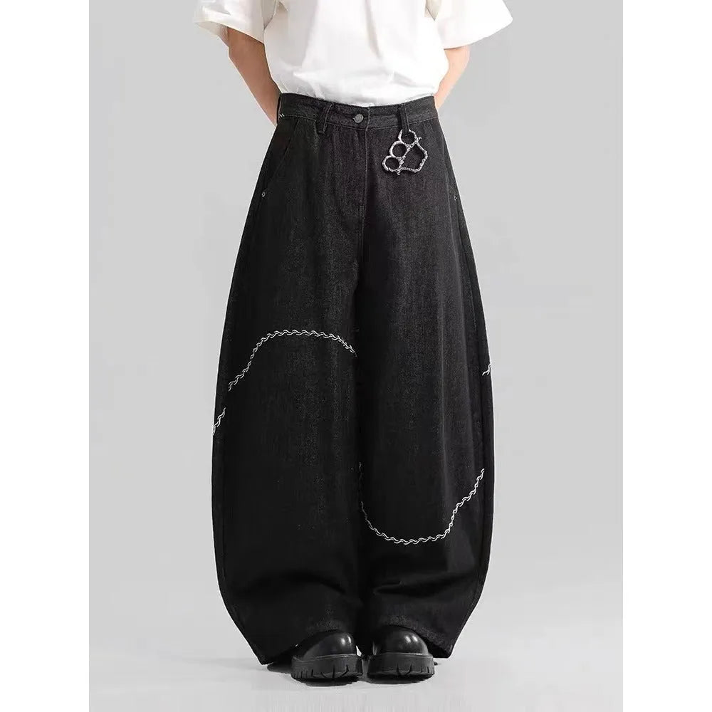 Black straight-leg trousers with mid waist and zip placket closure in polyester denim fabric