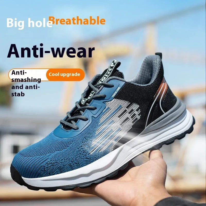 Blue men's safety work shoes with plastic toe cap and breathable flyknit mesh upper