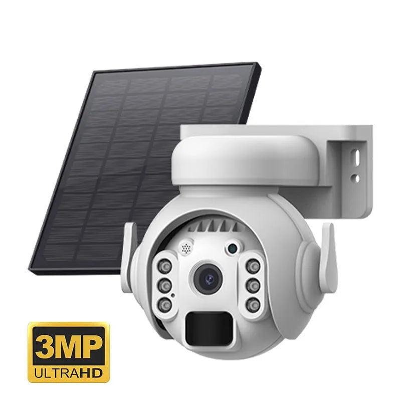 Outdoor solar security camera with camouflage finish showing integrated solar panel and lens
