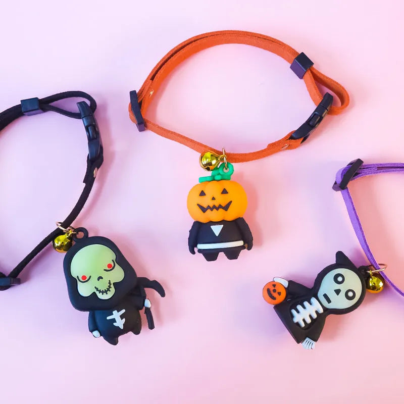 Halloween dog collar decoration in polyester with cartoon Pumpkin Man, luminous brat, and luminous skull designs.