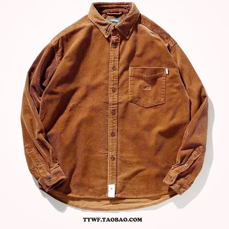 Long sleeve loose corduroy shirt in caramel colour with cardigan style front