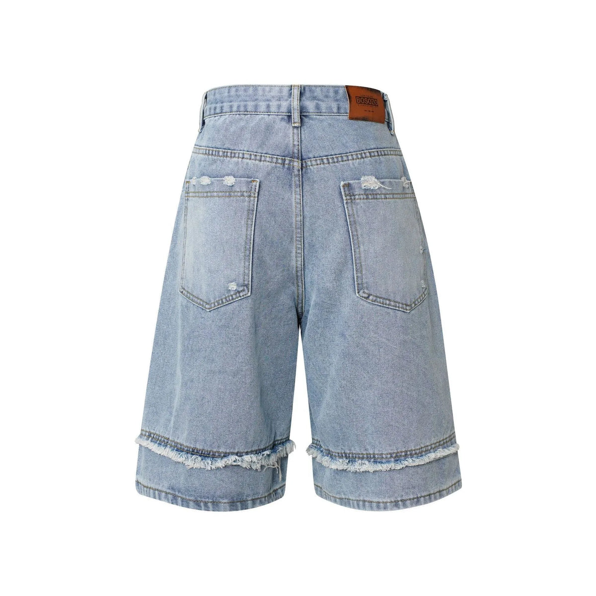 A pair of men's light blue denim shorts with a distressed finish and raw edge hem, shown in a straight-leg, hip hop style.