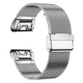 Stainless steel Garmin Fenix watch strap with integrated card slot in silver, black, gold, and rose gold.