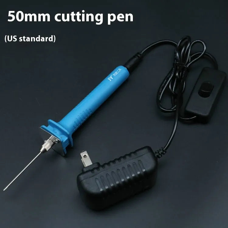 Blue handled electric heating foam cutter pen with a selection of different length metal blades.