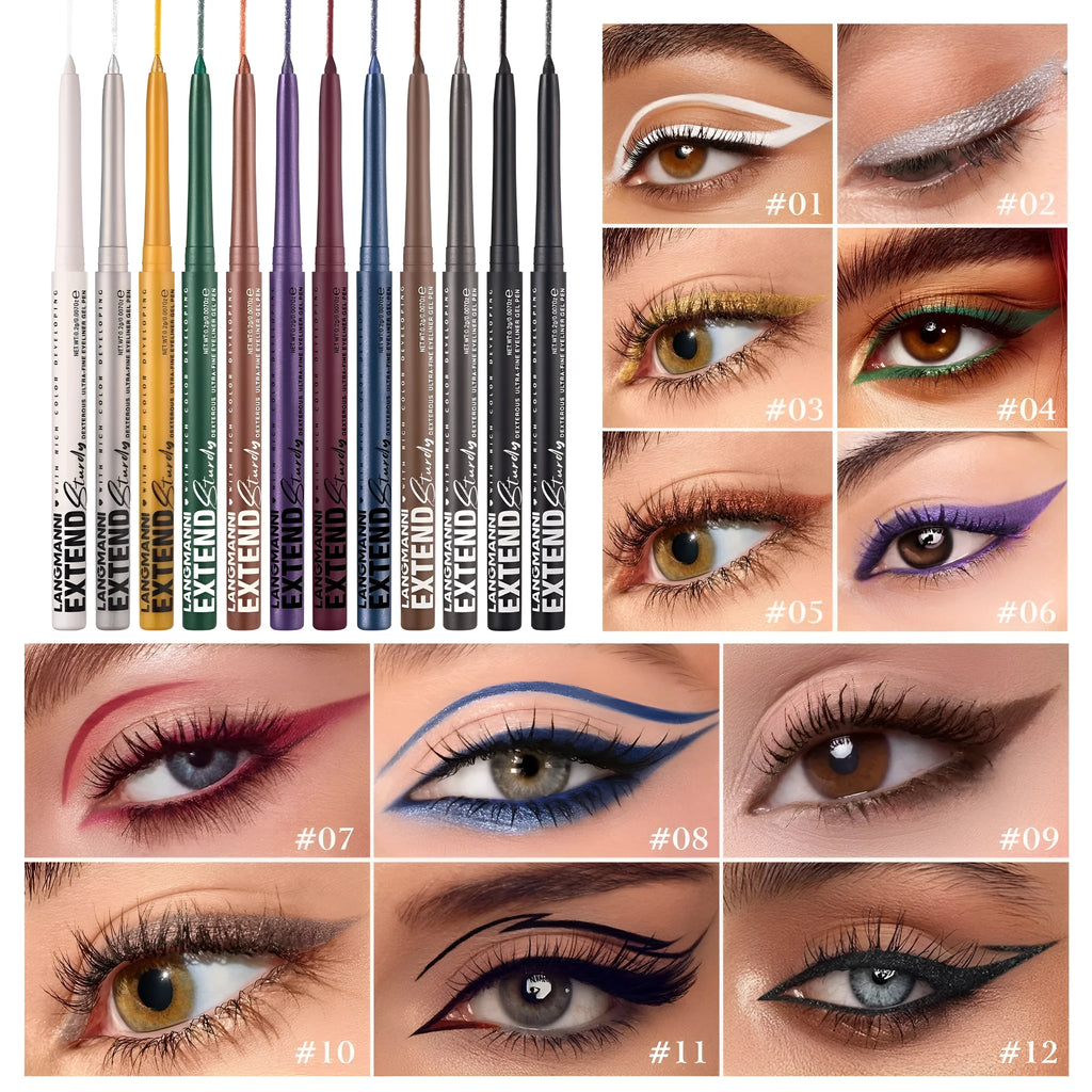 12 colourful gel glitter eyeliner pencils set showing matte metallic and pearl finishes