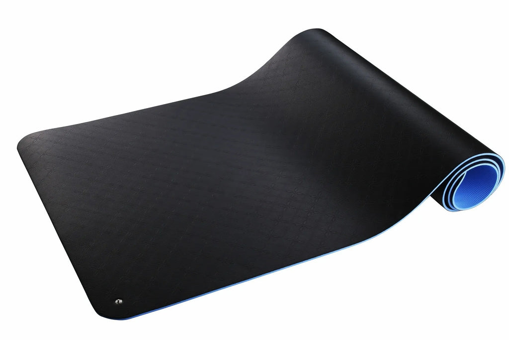 Blue conductive yoga mat with plants pattern, showing grounding wire and 182cm x 61cm x 5mm dimensions.