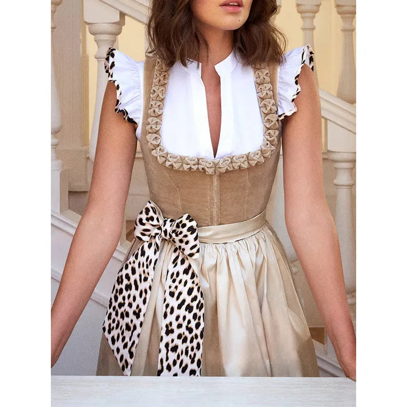 Khaki German Oktoberfest women's dress in cotton-polyester fabric with elegant styling and comprehensive sizing options