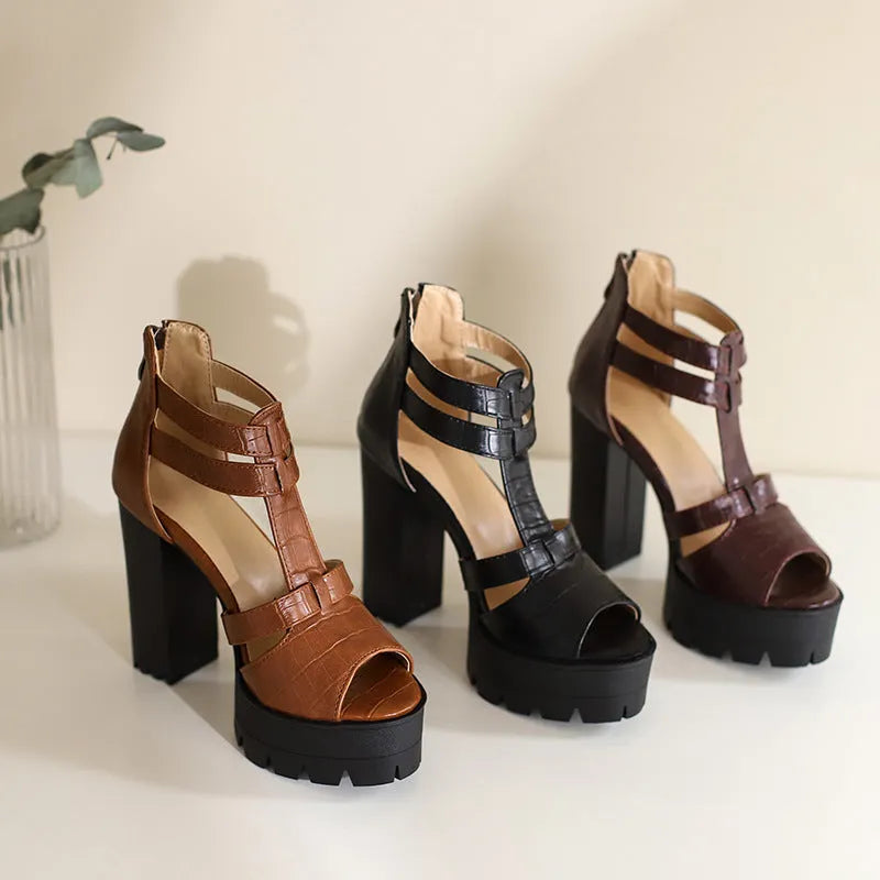 Platform high-heel sandals with round toe and back zipper closure in yellow, black or wine red