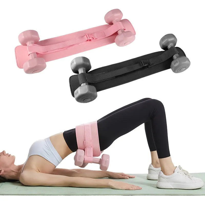 Black fitness training belt with dumbbell strap for hip bridge exercises