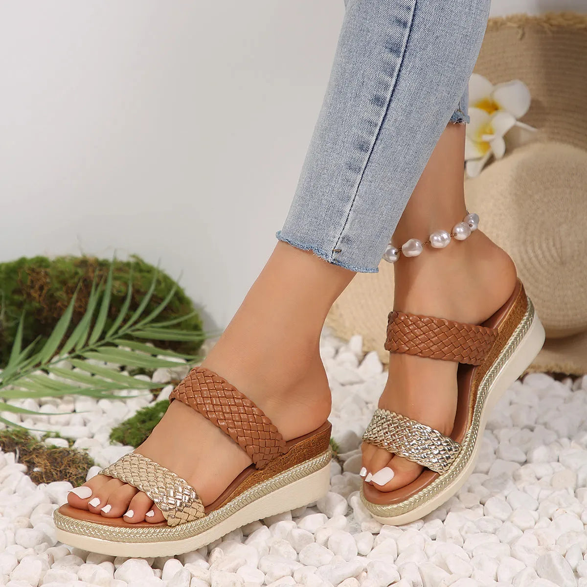 Gold metallic plus size women's wedge sandals with a PU leather upper and rubber sole.