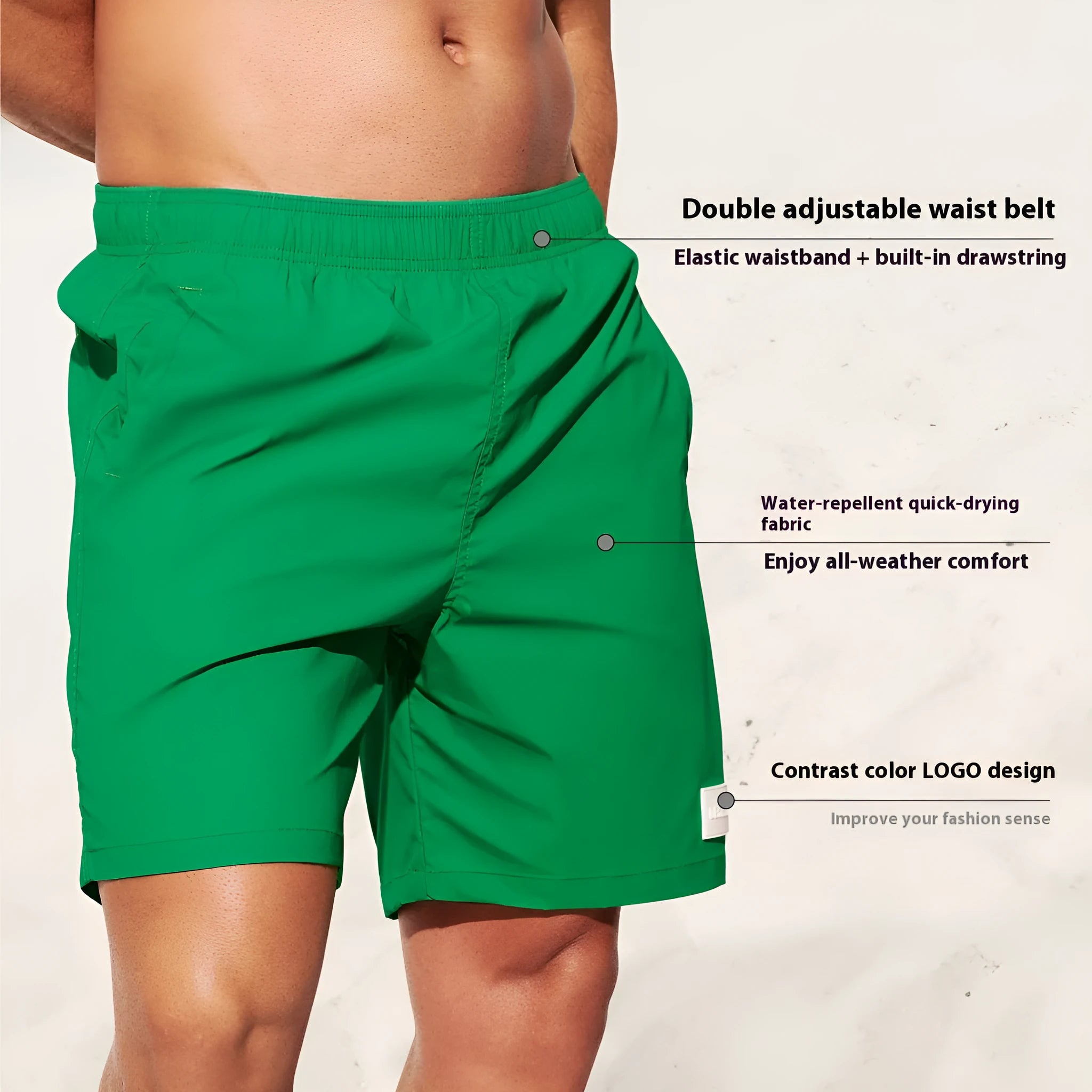 Men's solid colour quick-dry nylon sports casual shorts in straight leg fit.