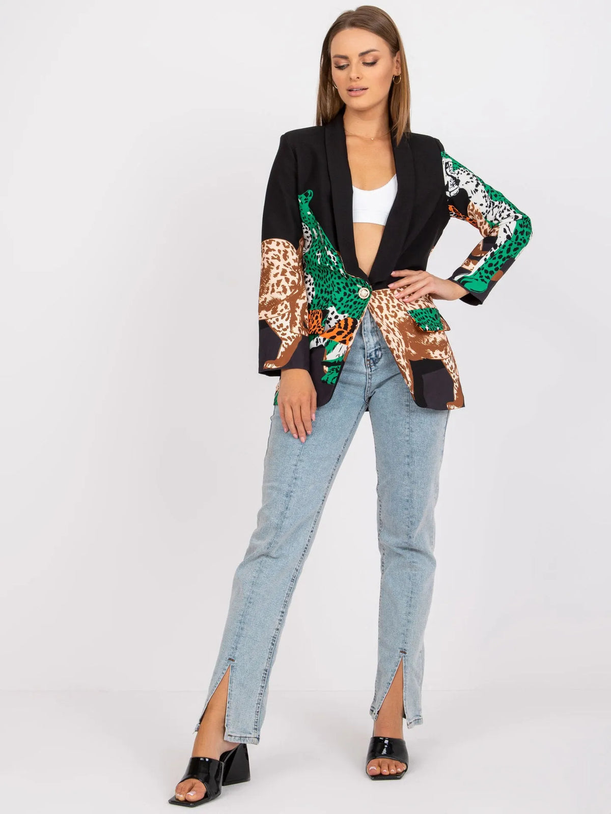 Leopard print contrast colour slim fit long suit jacket for women, 65cm medium length, long sleeve, available in black, orange, glittering powder and emerald green.